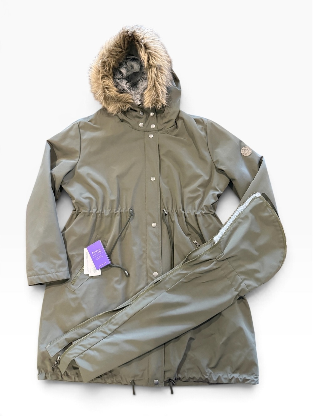 Seraphine Khaki 3-in-1 Winter Maternity Parka with Zip-Off Kangaroo Panel, Size
